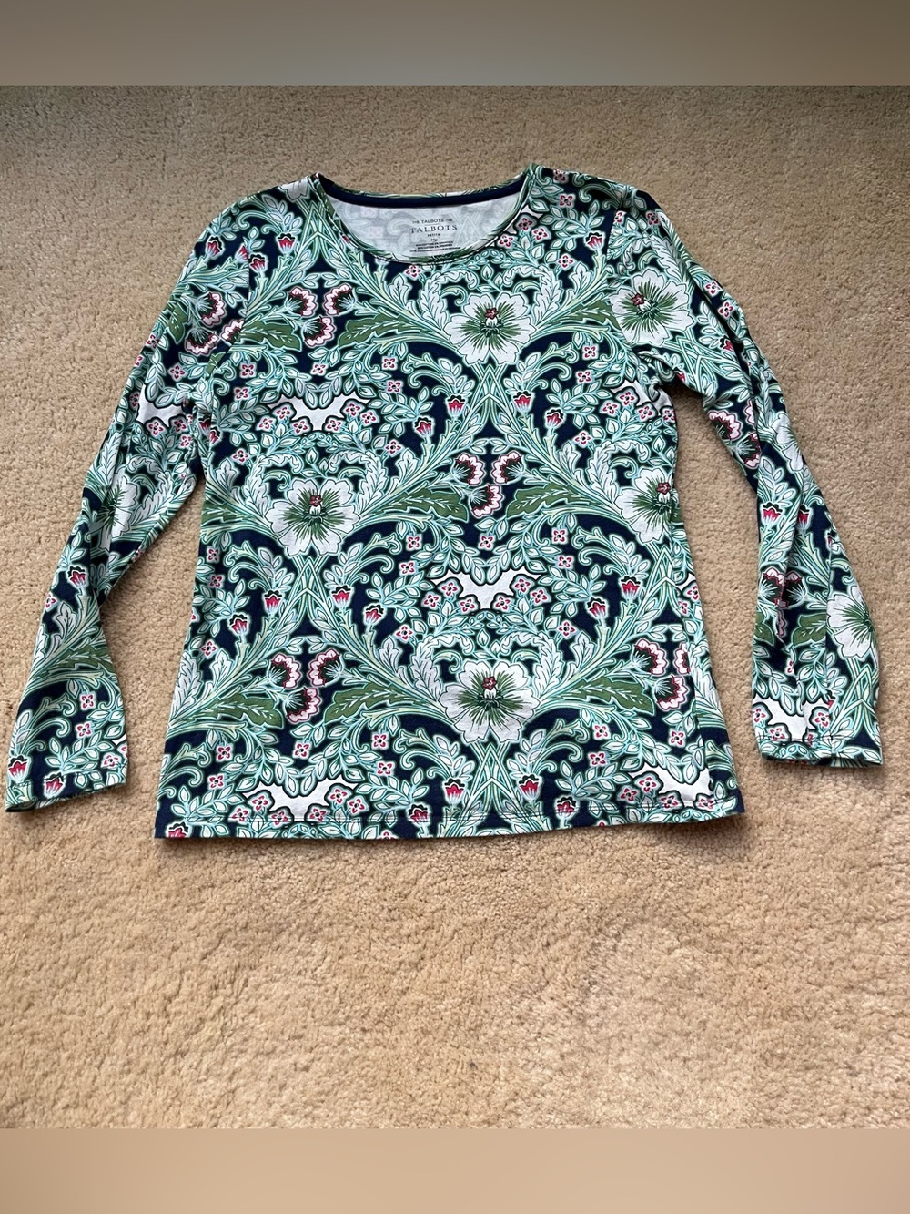 Talbots Blue & Green Floral LS Tee Shirt - Size M Petite - VGUC - Stretch